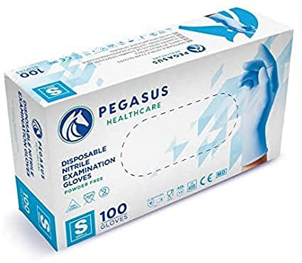 Pegasus Healthcare Pack of 100 Disposable Nitrile Examination Gloves | Latex and Powder Free | Sizes XS to XL | Suitable for Medical Clinics, Hospitals, Dentists, Laboratory Use, IT use Etc (Small)