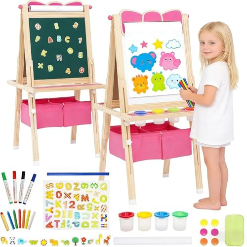 Art Easel for Kids with Paper Roll,Adjustable Wooden Kids Easel Double Sided,Whiteboard and Blackboard with 2 Large Storage, Painting Art Present for Girls and Boys