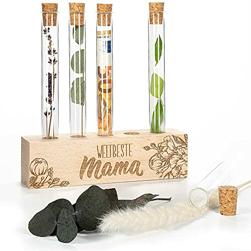 Tuuters Reagenzglashalter Holz - Weltbeste Mama - mit 5x Reagenzgläser | Gravierter Reagenzglasständer aus Holz, Set mit 5x Gläsern als Vase, Gewürzregal oder Geschenkidee