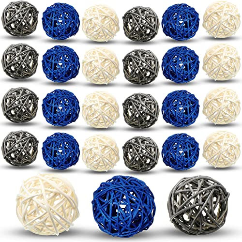 24 Pcs Rattan Balls 1.7 Inches Wicker Balls Orb Decorative Balls for Centerpiece Bowls Vase Fillers for Home Decor Glass Table Room Kitchen Aromatherapy Wedding Decorations, Dark Blue, Gray, White