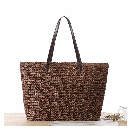 SHTGOI Strohtaschen Handtasche Sommer Strandtasche Stroh Groß mit Reißverschluss Handgemachte Strohtasche mit Leder Schultergurt Gewebte Umhängetasche für Frauen Reisen Urlaub Freizeit Dunkelbraun
