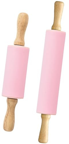 WideSmart 2 Pcs Rodillo de Amasar,Rodillo Cocina Mini Rodillos de Silicona con Mango de Madera Rodillo de Silicona Antiadherentes Rodillo de Amasar de Silicona para Hornear Rodillo para Repostería