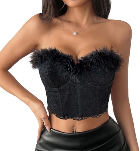 Naimo Damen Fuzzy Feder Crop Top Kunstpelz Ärmellos Schulterfreies Bandeau Tube Top Spitze Korsett Trägerlos Oberteil