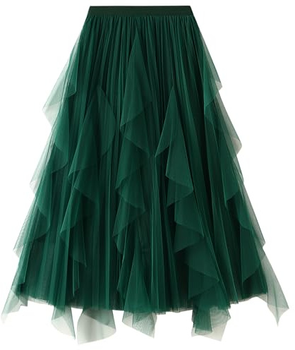 DGSHIRLDJO Tyllkjolar för kvinnor, lång och hög elastisk midja, lång, elegant, vintage, underkjol, A-linje, mesh, tyll, tutu-kjolar för daglig användning, bal, fest, gRÖN, one size