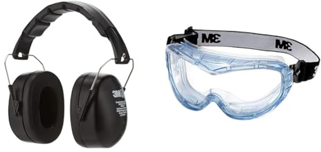 3M Kapselgehörschutz 90563E, Zusammenklappbarer Ohrenschützer & Fahrenheit Schutzbrille 71360-00012, Vollsichtbrille, Kratzfest