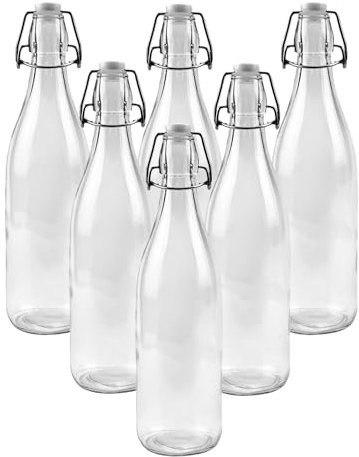 simpa Vintage Style Clear Glass Bottles with Swing Top Lids. Round 750ml Bottles - Set of 6