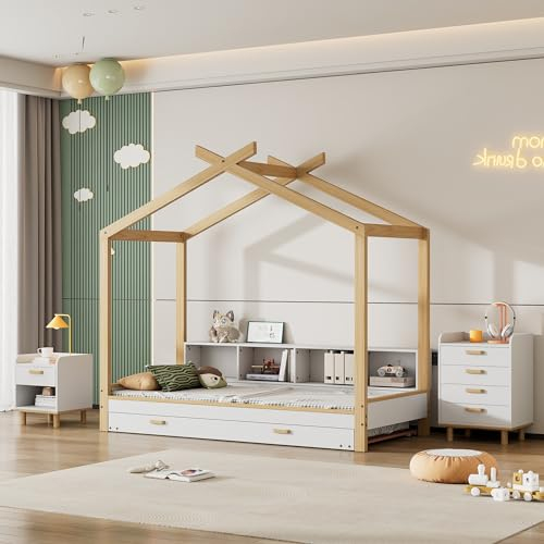 ZYLOYAL10 Kinderzimmerkombination, Komplettschlafzimmer Set (Weiß+Natur)