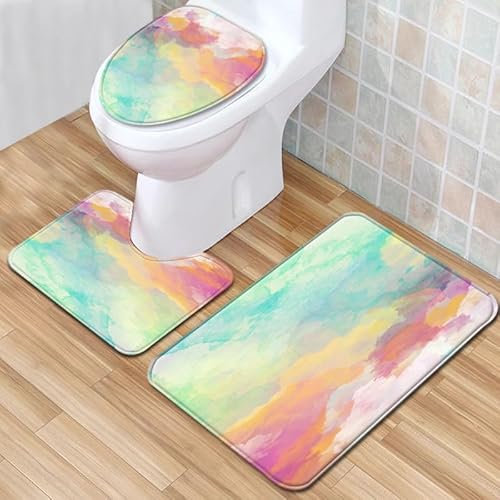 Bad Teppiche Set 3-Teiliges Grüne Gelbe Wolken WC Vorleger Mit Ausschnitt Badematte Saugfähig WC Deckelbezug Badvorleger rutschfest Waschbar Toilettensitzbezug Badgarnitur (50x80cm)