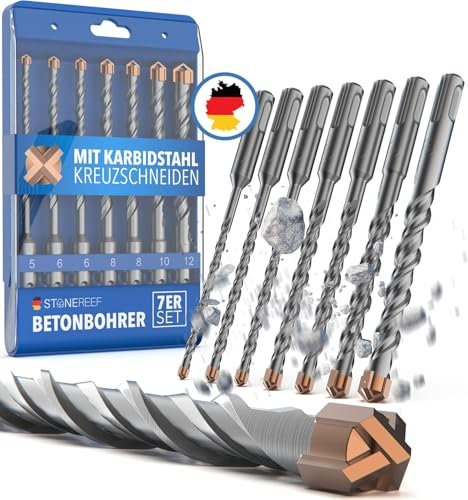 SDS Plus Betonbohrer – 7-teilig inkl. Kassette – Ø 5, 6, 6, 8, 8, 10, 12 mm x 156 mm – Profi Bohrset für Beton, Stein & Mauerwerk