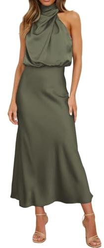 Générique Robe Longue élégante en Satin sans Manches à col roulé pour Femme, Robe midi d'été pour fête, Cocktail, Mariage Décontractée