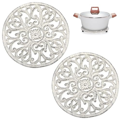 Sumnacon 2Pcs Round Cast Iron Trivets - 6.7 Inch Heat Resistant Iron Trivets for Hot Dish Pot Pan Plate Teapot, Rustic Cast Iron Hot Dish Plate Holder for Kitchen Dining Table Countertop Cooktop,White