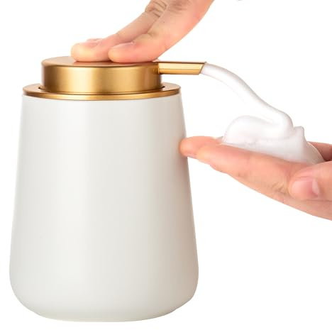 Enra Foaming Soap Dispenser,12 oz Beige Ceramic Modern Foam Hand Soap Dispenser for Bathroom,Kitchen with Easy-to-Press Pump (White Foam Gold Pump)