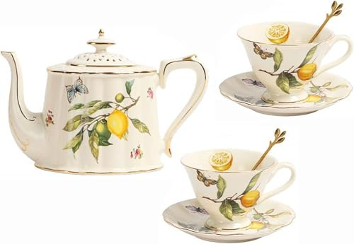 Tea Kettle Teapot Ceramic Teapot, Tea Sets with Teapot Vintage Porcelain Tea Set for Adults Coffee Cups and Saucers Old Country Roses Teapot 5 Pieces,