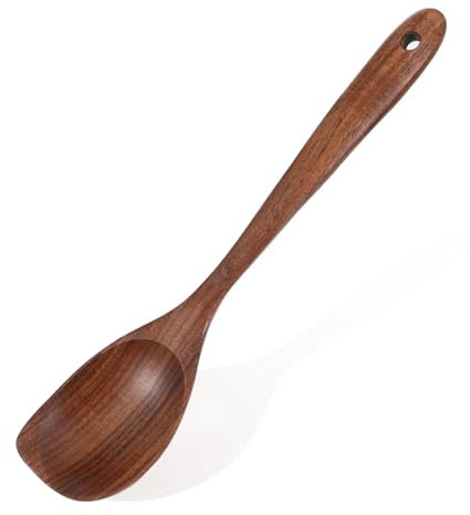 Ptwola Utensilios de esquina de madera de teca, cucharas de madera, mango largo, buen agarre, cucharón grande, resistente al calor, espátula de madera para cocina, utensilios de cocina antiadherentes,
