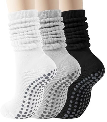 TOAMOUR Pilates-Socken mit Griffen für Damen, rutschfeste Yoga-Socken, 3 Paar lange Scrunch-Socken, Barre Gym Crew Socken