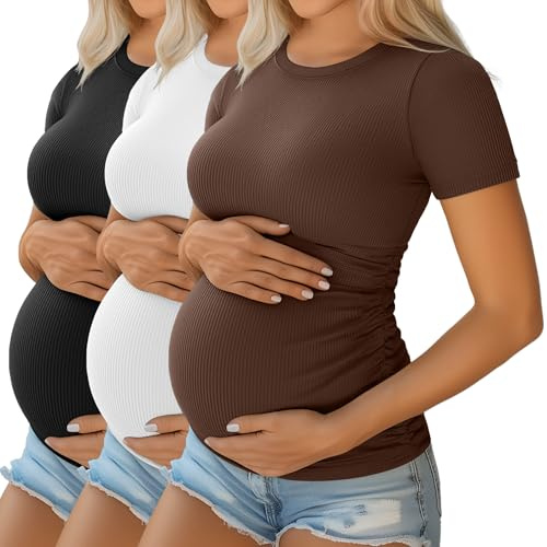 Ficerd Pacco da 3 Maglie maternità Donna in Cotone: Top Gravidanza a Maniche Corte, con Pieghe Laterali e Tessuto a Costine(Nero, Bianco, caffè,M)