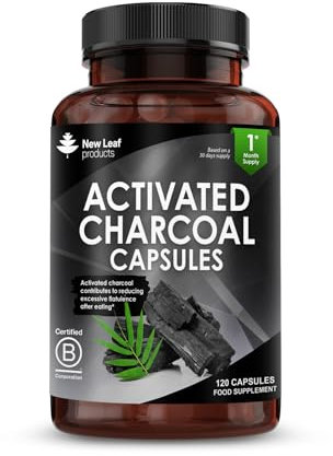 Activated Charcoal Capsules - 120 High Strength Activated Charcoal Tablets Alternative - 1040mg Per Serving, Helps Reduce Excessive Flatulence After Eating - Made in UK by New Leaf