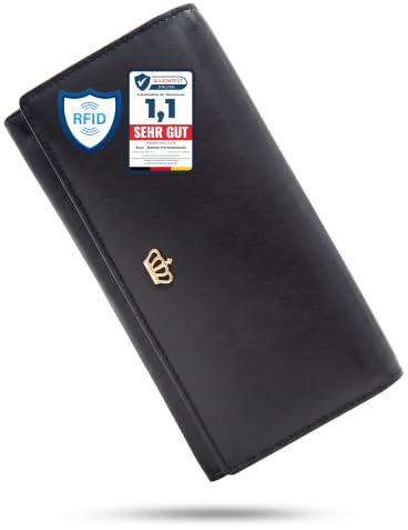 Baur Damen Geldbörse – Echtes Nappaleder mit RFID-Schutz – Großes Portemonnaie mit Druckknopf, 18 Kartenfächern und Münzfach mit Metall-Reißverschluss – Vollleder (Schwarz, Gold Design)