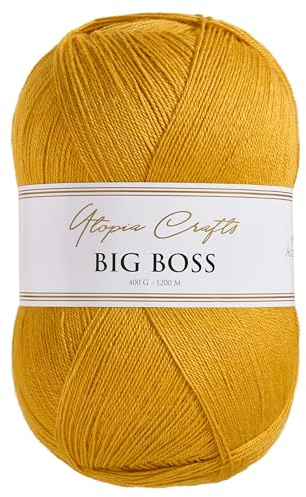 Utopia Crafts Big Boss 400g Hilo Acrílico Punto & Ganchillo – 1200m Ovillo, Lavable Máquina, Certificado Oeko-Tex, para Jerseys, Mantas, Bufandas & Gorros (Amarillo Mostaza)
