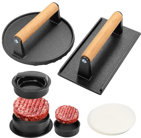 Fervidus 3PCS Smash Burger Press Kit, 6.8 Round & 8.3x4.1 Rectangular Cast Iron Grill Press, 3 in 1 Stuffed Burger Mold, Non Stick Smash Burger Press Set for Grill and Griddle Cooking