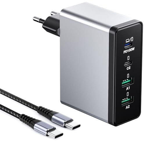 Cargador USB C 140W, 4 Puertos Cargador rápido GAN, PD+QC Adaptador alimentación de Pared, 100W Puertos Tipo C Cargador para Ordenador portátil Compatible con MacBook Pro/Air/iPhone 16/15/Samsung