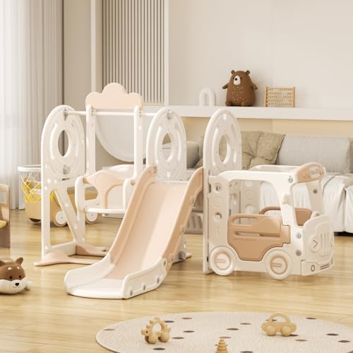 Scivolo e Altalena per Bambini con Scala da Arrampicata: Parco Giochi per Interni ed Esterni con box Portaoggetti Tunnel Scale Canestro da Basket e Zona di Passaggio (Bus Set-H-Brown)