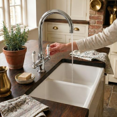 Go Bathrooms Kitchen Mixer Tap Chrome Victorian Swivel Faucet | Traditional Victorian style dual lever kitchen sink mixer tap with 360-degree swivel swan neck. Chrome finish.