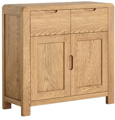 Home Furniture Group Ltd Oakmoor Solid Oak Small Sideboard – Compact Wooden Storage Cabinet with 2 Doors and 2 Drawers – Fully Assembled – Natural Oak Finish – 88W x 85H x 35D cm