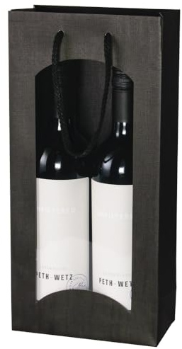 5x Wein Geschenktüte Schwarz, für 2 Flaschen, mit Fenster, elegante Leinenstruktur, stabile Tragekordel