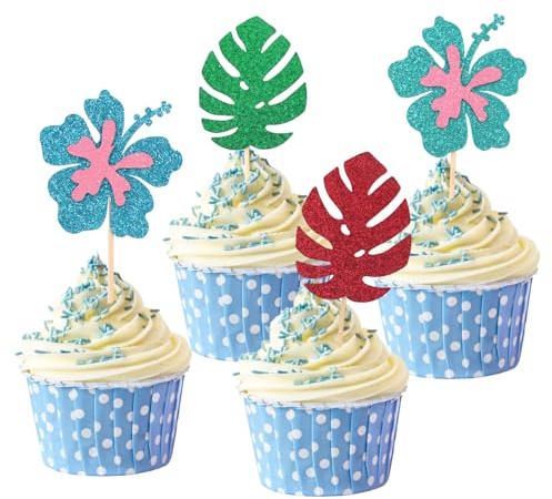 SAVITA 24pcs Tropical Cupcake Toppers, Glitter Aloha Flower Cupcake Topper Cake Decorations Summer Hawaiian Theme Luau Stitch Party Supplies for Baby Shower & Birthday Celebrations