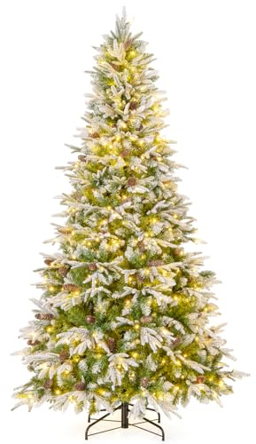 COSTWAY Albero di Natale Artificiale Pre-Luminoso 190/225 CM, Albero di Natale Innevato con 280/470 Luci LED Bianche Calde, 765/1135 Punte, 62/81 Pigne e Base Metallica (225 CM)
