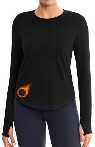 PINSPARK T-Shirt de Sport pour Femme, en Micropolaire, col Rond, Manches Longues, pour la Course à Pied, Le Yoga, Le Ski en Plein air, Le Fitness, Fonctionnel, avec Trous pour Les Pouces