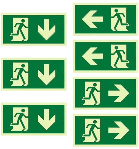 7 Stück Notausgangsschild Fluchtwegschilder Nachleuchtend Selbstklebend 30x15 cm Rettungszeichen Notausgang Schild mit Links, Rechts und Abwärtsrichtung für Hotels, Schulen, Bürogebäude
