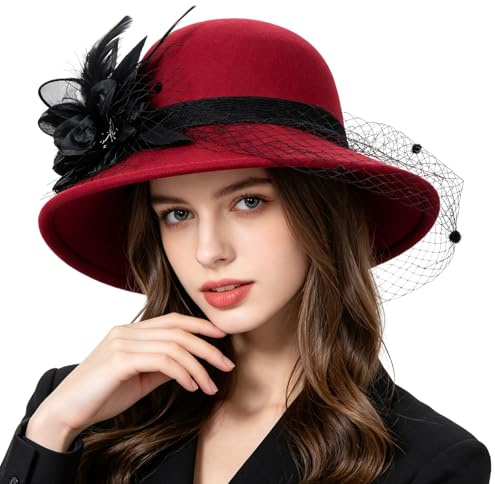 TINAYAUE Damen Filzhut Retro Fischerhut Schön Zylinderhut Rundhut mit Netz, Blumen Weiche Wollmütze Elegante Kirchenhut Schlapphut mit Schleier für Konzerte, Teepartys, Kirche