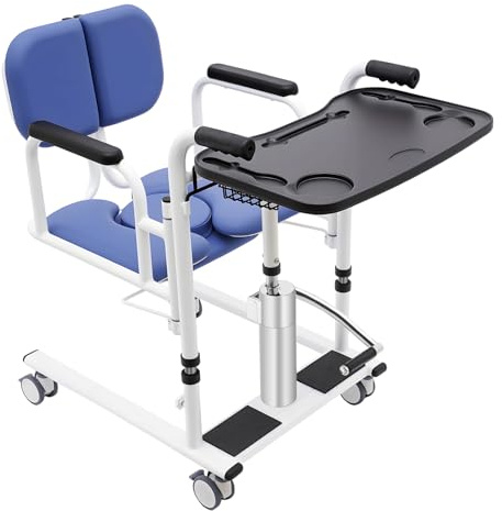 Elevador hidráulico para pacientes y silla de aseo con función de inodoro, ayuda de transferencia de altura ajustable (30-46 cm) para personas mayores, 150 kg, 4 ruedas con frenos, ideal para el hogar