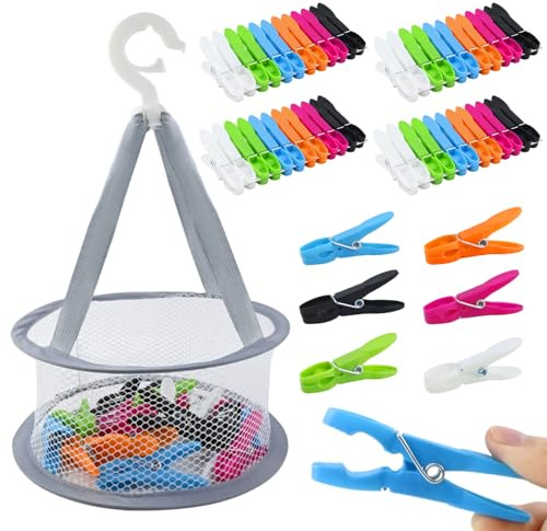 puiaxod 48 Stück Wäscheklammern, Bunte wäscheklammern mit Korb Clothes Pegs | Plastik Rutschfeste Klammern, Winddichte Clothespin Set zum Trocknen von Socken, Stofftieren und Kleidungsstücken