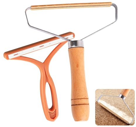 AetherPeak ludd & husdjurshårborttagare, mattskrapa med trähandtag, ram i rostfritt stål, kopparblad + orange statisk luddborste, återanvändbar för mattor, soffor, kläder