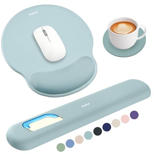 Sushret Mauspad & Tastatur Handballenauflage Set, Memory-Schaum + Gelkissen | 3-in-1 Ergonomisches Handgelenkstützen-Set, rutschfest & Slow-Rebound, Mousepad mit Handauflage, Büro & Gaming，Schaumblau