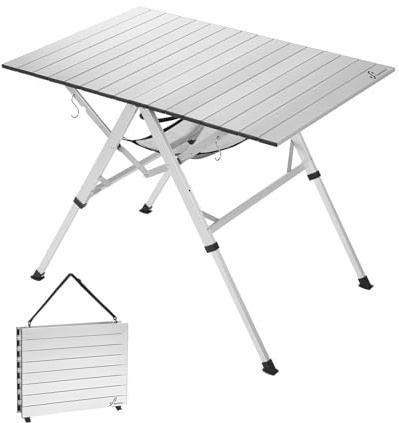 Sportneer Camping Table Folding Table, Bi-Fold Portable with Fast Open Design, Adjustable Height 16.5-27.6, 35.4x23.6 Lightweight Aluminum Tabletop, Handle & Shoulder Strap for Outdoor Picnic