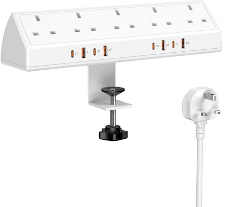 Jgstkcity Desk Clamp Power Socket, 65W USB-C Extension Lead, White | 5 UK Socket & 4 USB-C, 1200J Surge Protection, Desktop Power Strip 2M, Fit 1.9 Tabletop Edge, Office, Gaming, Dorm