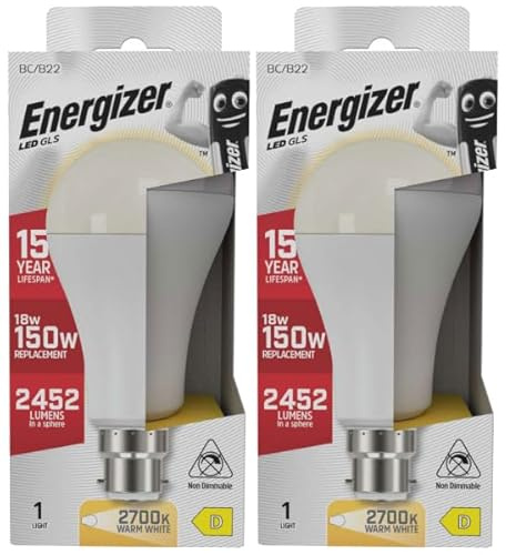 Energizer B22 Bayonet LED Bulb 150W, Warm White, 150 Watts Equivalent, 2700K-3000K 18W BC GLS, Light Bulbs, Energy Saving, 2452 Lumen, Non-Dimmable, Extra Bright, Pack of 2
