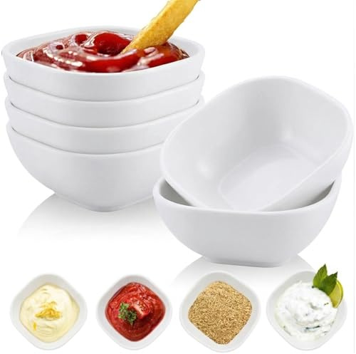 Wrova Reusable Plastic Dip Bowls Set of 6 | 5oz Mini Bowls | Unbreakable Serving Dishes for Sauce, Soy Sauce, Sushi & Snack, Microwave & Dishwasher Safe Dipping Bowls for Kitchen, Camping - White