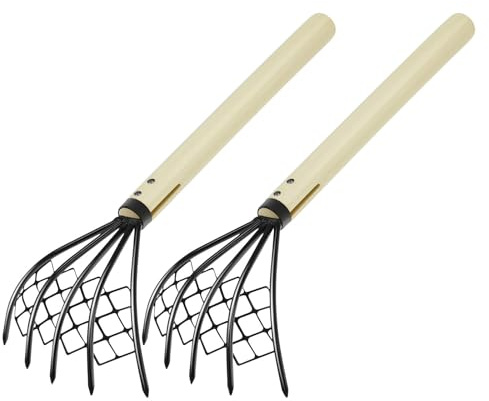 ERINGOGO Rastrello per Telline e Vongole 2 Pezzi con Manico in Legno e Denti in Ferro 5 Denti per Scavare Frutti di Mare Accessorio Utile per Spiaggia