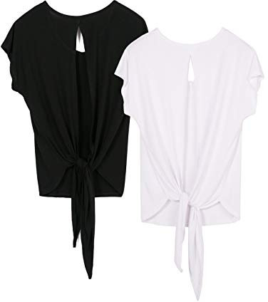 icyzone Damen Rückenfrei Yoga Top Fitness Sport Kurzarm Shirt Oberteil Casual T-Shirt Loose Fit, 2er Pack (S, Black/White)