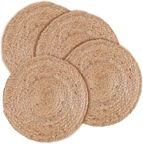 The Home Talk Set of 4 Braided Jute placemats, 35 cm Round, 4 Piece Set, Best for Bed-Side Table/Center Table, Dining Table/Shelves- Natural Beige