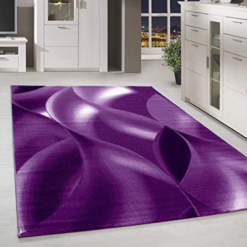 HomebyHome Teppich 160x230 cm Lila Kurzflor Abstrakt Wellen Design Moderner Teppich für Wohnzimmer Schlafzimmer Flur Küche Esszimmer Kinderzimmer Pflegeleicht Weich