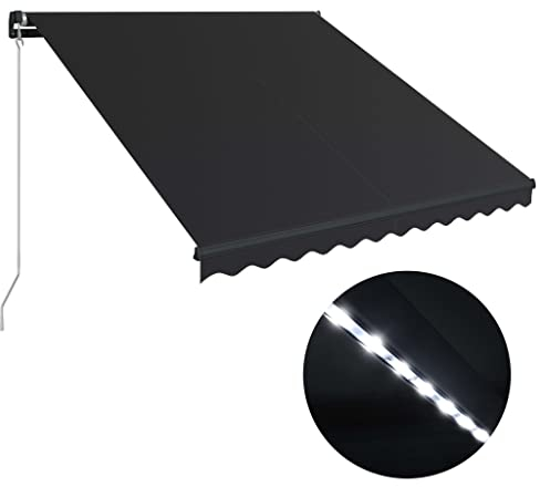 vidaXL Tenda da Sole Retrattile Manuale con LED per Finestra Schermo Parasole a Scomparsa 350x250 cm in Tessuto PU Antracite Telaio in Alluminio