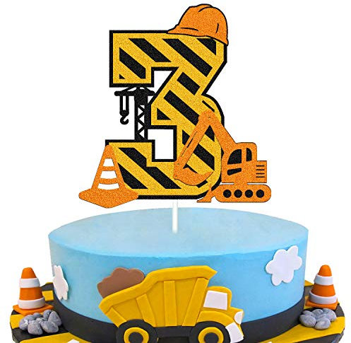 Décoration de gâteau d'anniversaire de 3e anniversaire pour enfants, garçons et filles, camions, pelleteuses, chariots élévateurs, bulldozers, rouleaux routiers, ingénierie, fournitures de fête