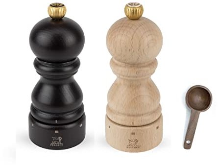 Peugeot Paris u'Select 6 Setting Manual beechwood Salt & Pepper Mill Set With Wooden Spice Scoop Made In France (Chocolate & Natural, 5- Inch)