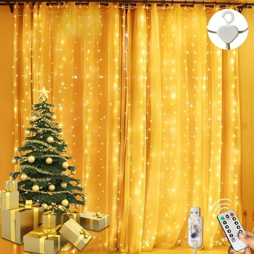 LITYBY Curtain Fairy Lights, 3m×3m 300LED USB Fairy Lights for Bedroom, 8 Modes Curtain String Lights with Remote Control, Christmas Lights for Bedroom Wall Party Wedding Decorations(Warm White)